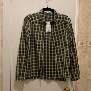 Green white and orange checkered button down